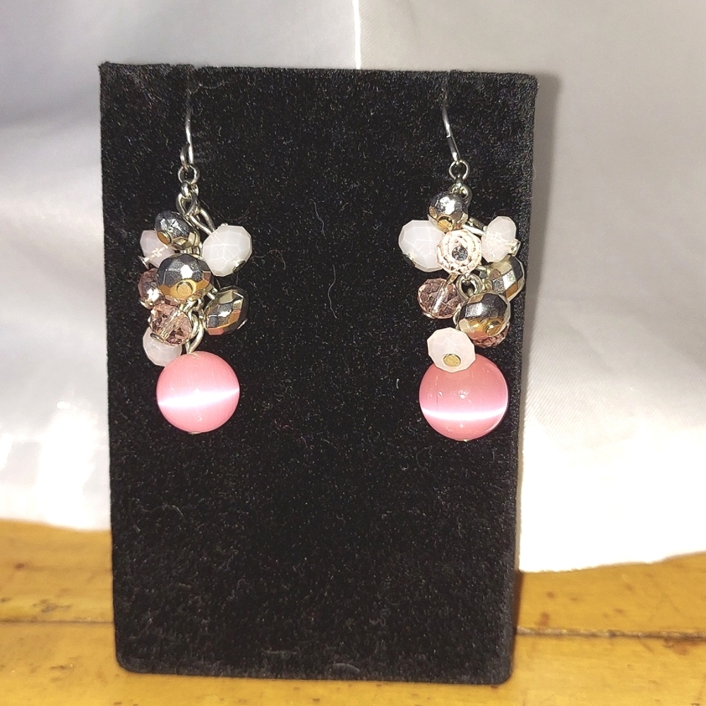 Earrings, Pink Cats Eye Beads, Dangle Drops on pierced‎ wire hooks
